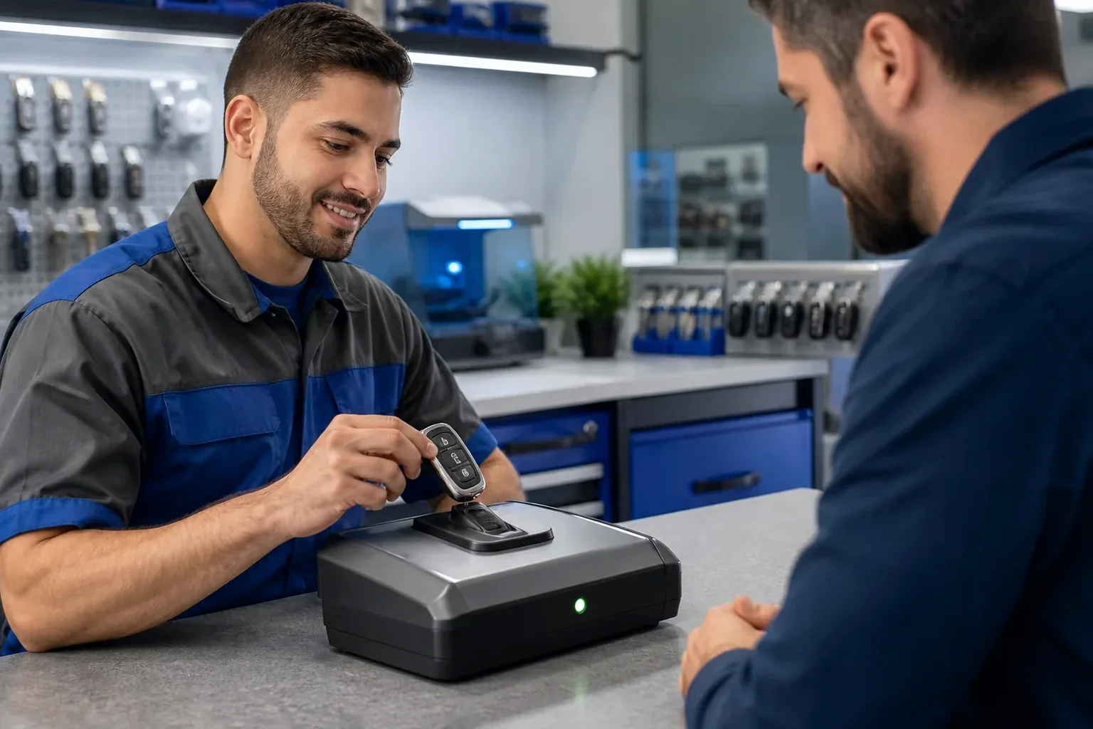Chaveiro programando chave ou controle eletrônico em Anápolis, com implementação tecnológica.